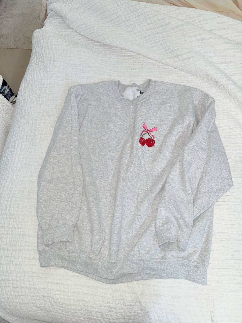 Light Gray Crewneck Sweatshirt with Red Cherry Embroidery
